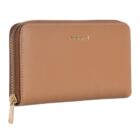 Tan leather zip-around wallet with gold zipper and cacharel logo on the front.