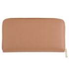 Tan leather zip-around wallet with gold zipper, photographed on a white background.