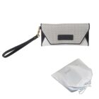 White and black clutch purse with wrist strap, shown with a white drawstring dust bag.