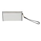 White clutch purse with black trim and a wrist strap, featuring a textured top panel.