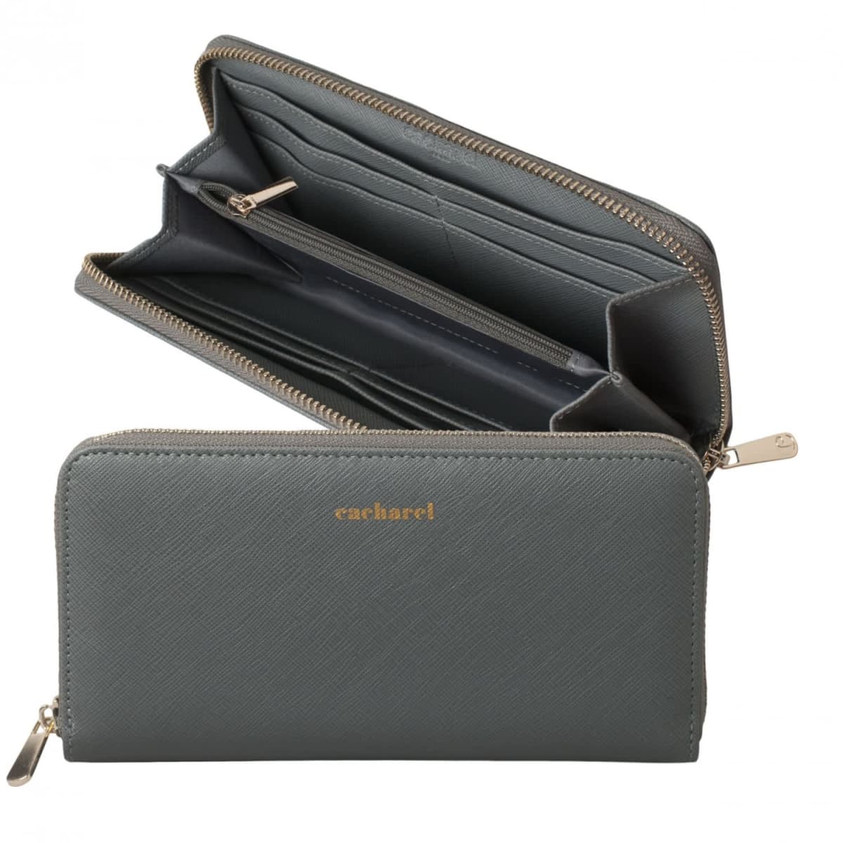 Gray zippered wallet with gold cacharel lettering, shown open and closed.