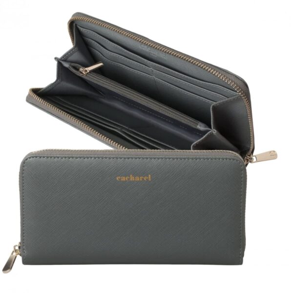 Gray zippered wallet with gold cacharel logo, shown open and closed on a white background.