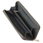 Open gray zippered wallet with multiple card slots and a central coin pocket.