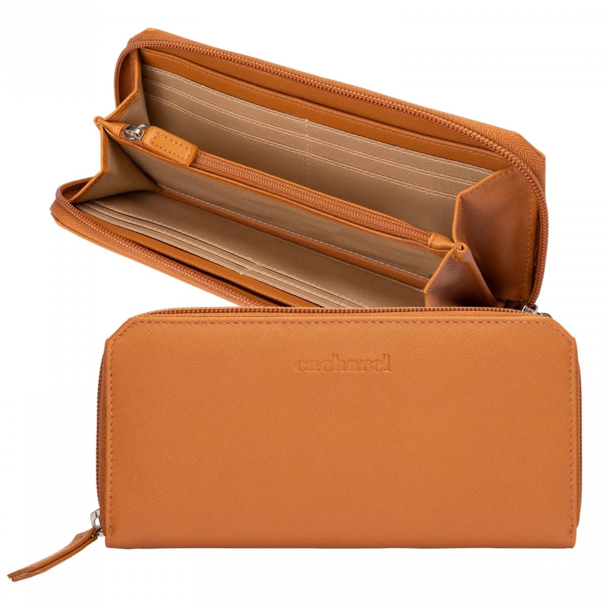 Tan leather zippered wallet, shown open and closed, with card slots and compartments.