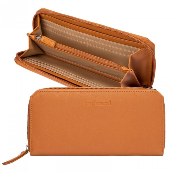 Brown leather zippered wallet, shown open and closed, with card slots and compartments.