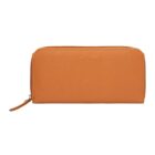 Orange zippered wallet with a simple design and a small embossed logo on the front.