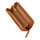 Open tan leather wallet with multiple card slots and a zippered coin pocket inside.