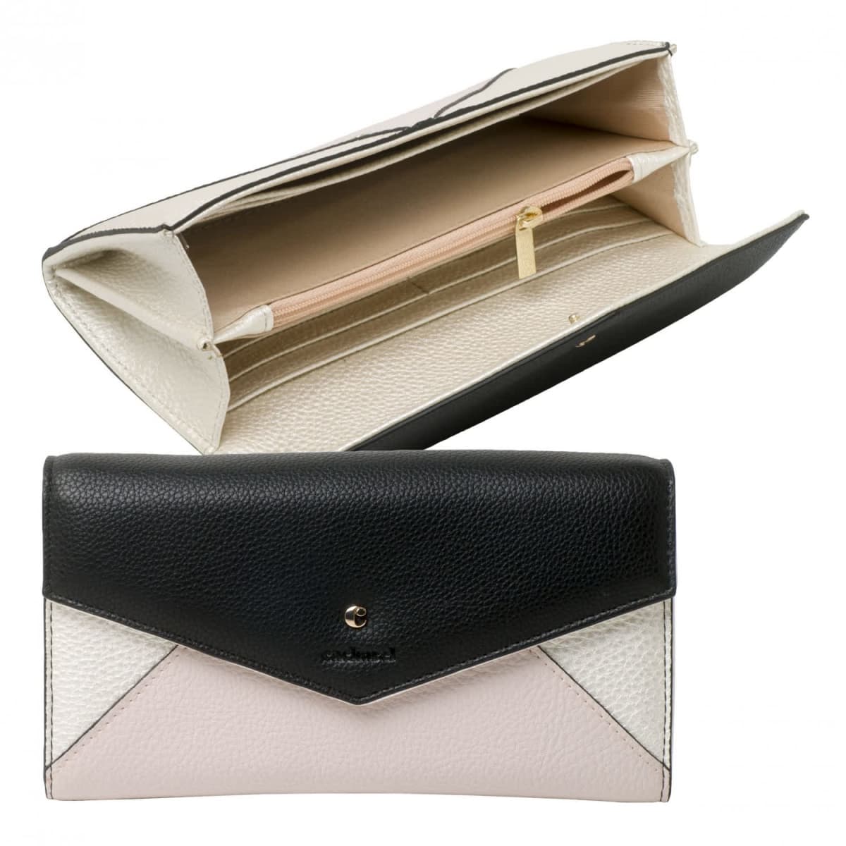 Black and white leather wallet, shown open and closed, with gold zipper and snap.