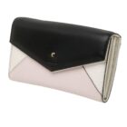 Black and white envelope-style leather wallet with a gold logo on the front.