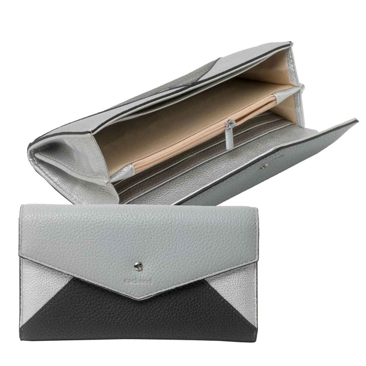 Gray and black leather wallet, open to show compartments, and closed view in front.