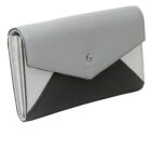 A gray and black leather wallet with a flap closure and envelope-style design.