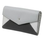 A gray and black leather wallet with a textured surface and envelope-style flap.