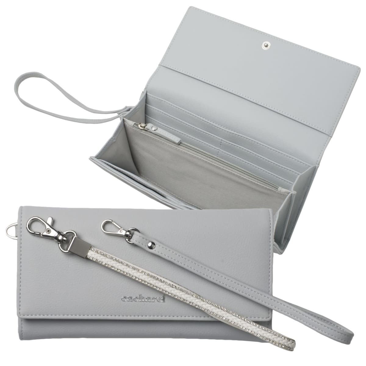 Light gray wallet with wrist strap, open and closed views showing compartments and zipper pocket.
