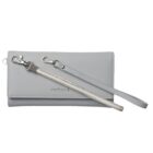 Light gray wallet with two detachable wrist straps, one plain and one sparkly.