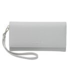 White leather clutch purse with wrist strap and cacharel logo on the front.