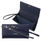 Navy blue clutch wallet with wrist strap, open and closed, showing compartments.