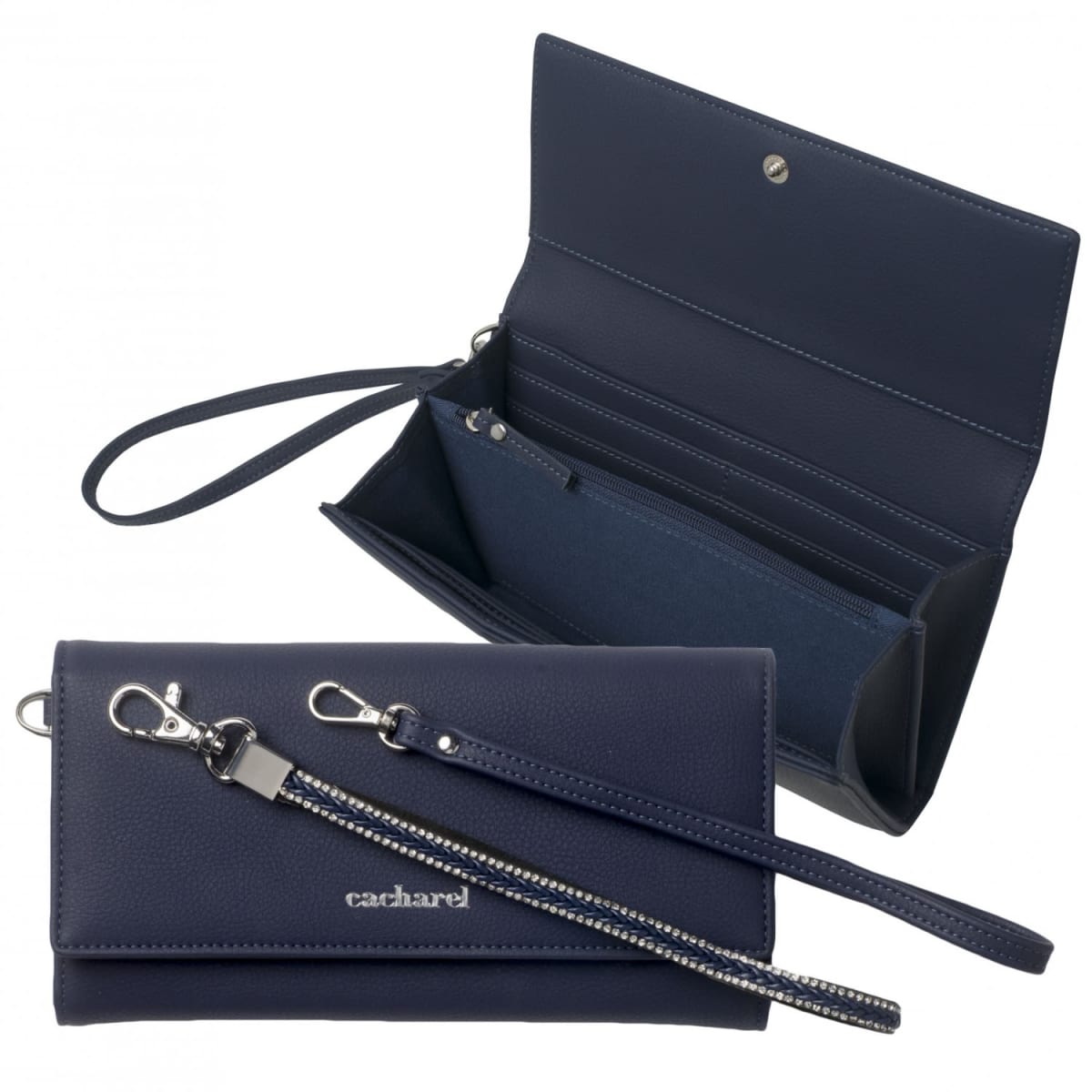 Navy blue clutch wallet with wrist strap, open and closed, showing compartments.
