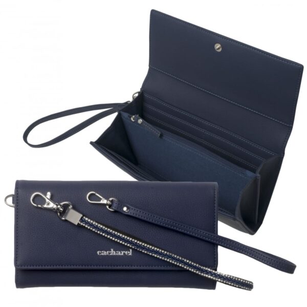 Navy blue leather clutch wallet with wrist strap, shown open and closed.