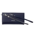 Navy blue clutch wallet with wrist strap and silver Cacharel logo on the front.
