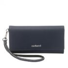 Navy blue Cacharel wristlet clutch with silver logo and detachable wrist strap.