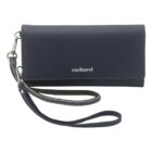 Navy blue Cacharel wallet with wrist strap and silver logo on the front.