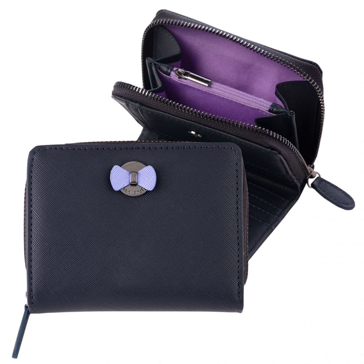 Black wallet with a purple interior, open and closed, featuring a bow detail on the front.