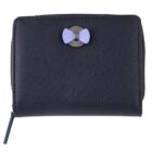 Navy blue wallet with a purple bow-shaped clasp and a zippered edge.