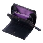 Open black wallet with a purple interior and multiple compartments and card slots.