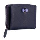 Navy blue zippered wallet with a small purple bow decoration on the front.