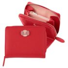 Red zippered wallet with a pink bow accent, shown open and closed against a white background.