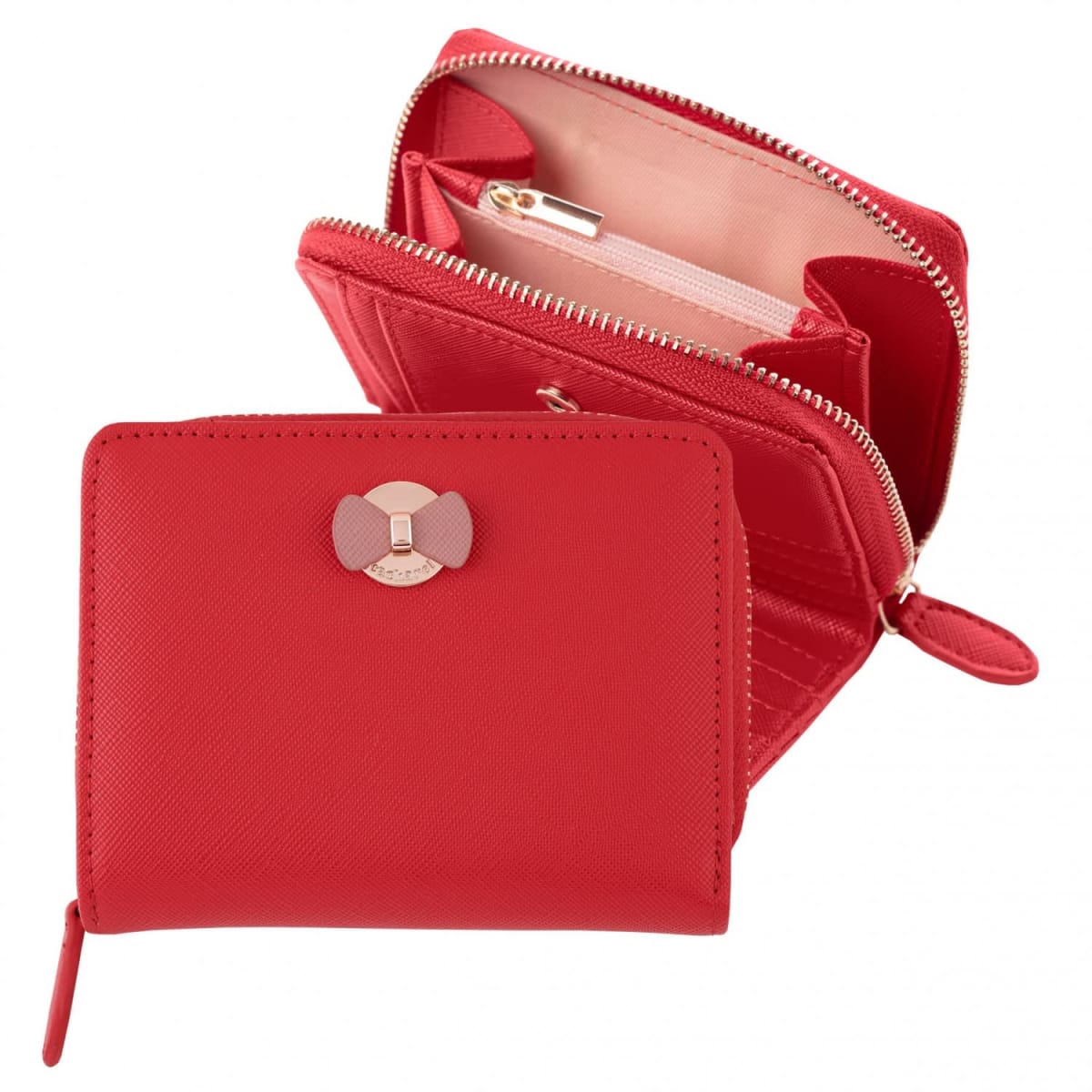 Red zippered wallet with a pink bow accent, shown open and closed against a white background.