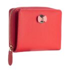 Red square wallet with a zipper and a small pink bow decoration on the front.