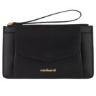 Black Cacharel wristlet clutch with front flap pocket and gold logo detailing.
