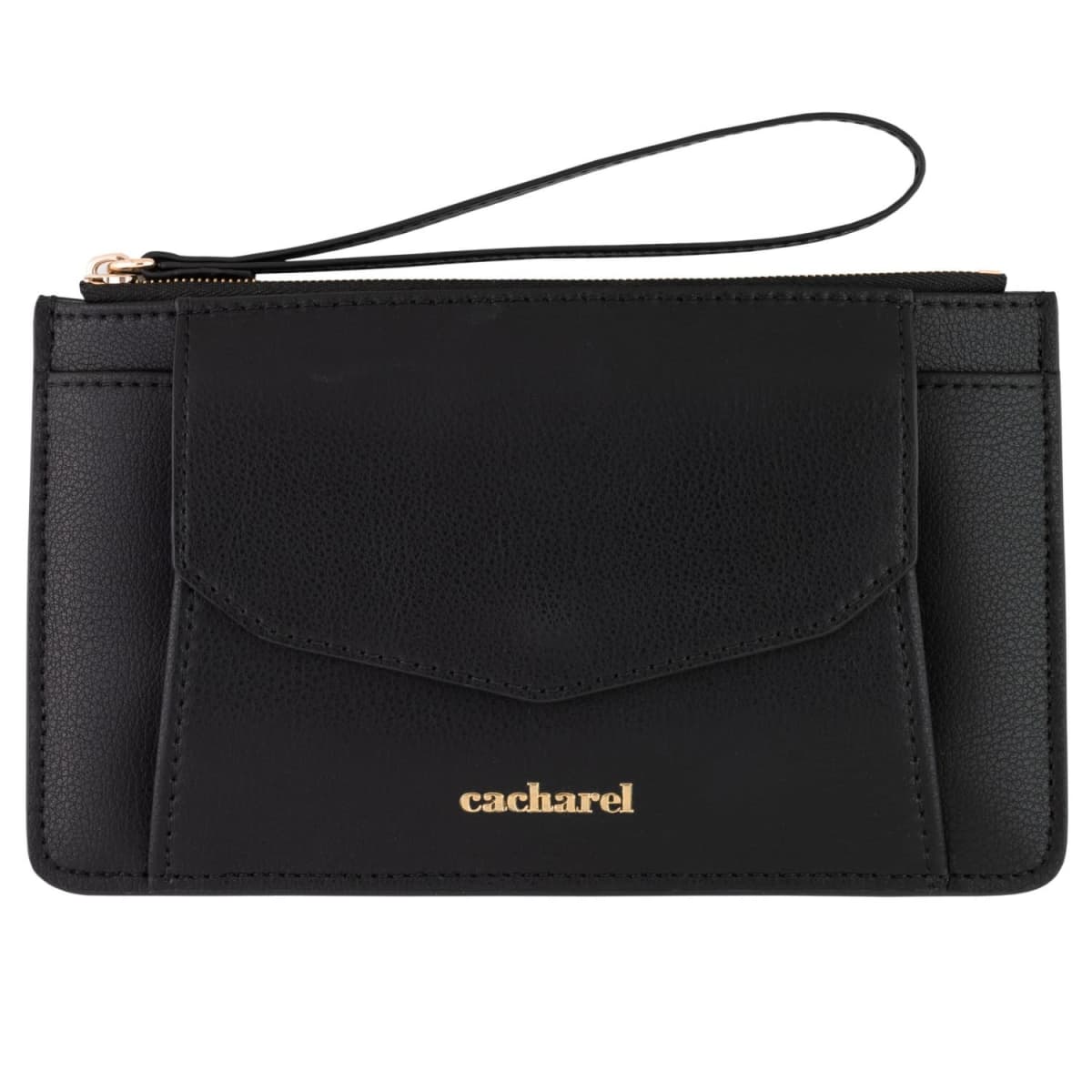 Black Cacharel wristlet clutch with front flap pocket and gold logo detailing.