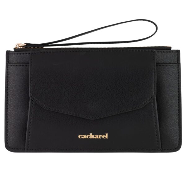 Black Cacharel wristlet clutch with front flap and gold logo, featuring a zipper closure.