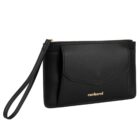 Black clutch purse with wrist strap and gold cacharel logo on front.