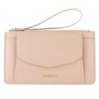 Beige leather wristlet wallet with front pocket and gold cacharel logo.