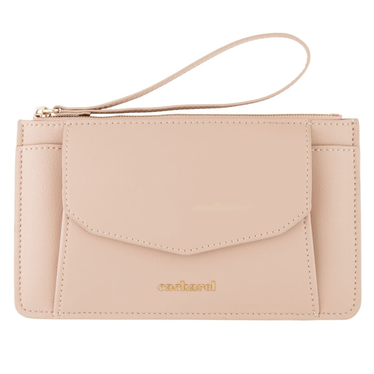 Beige leather wristlet wallet with front pocket and gold cacharel logo.