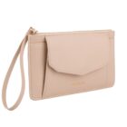 Beige wristlet clutch purse with front flap pocket and gold zipper.