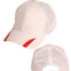 White mesh cap with red stripes on the brim, shown from front and back angles.