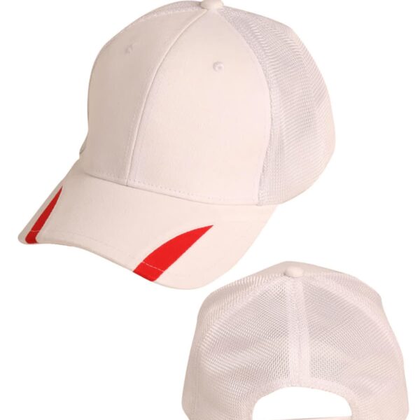 White mesh baseball cap with red accents on the brim, shown from front and back angles.