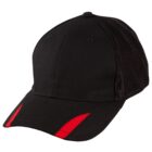 Black baseball cap with red accents and a mesh back panel.