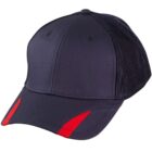 Navy blue baseball cap with black mesh and red accents on the brim.