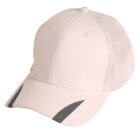 White baseball cap with mesh back and two black stripes on the brim.