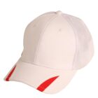 White baseball cap with mesh back and red accents on the brim.