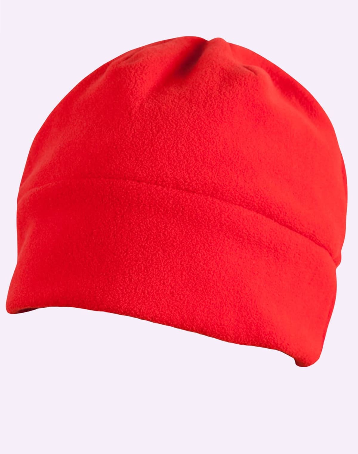 Red fleece beanie hat against a plain light background.