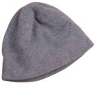 A plain gray fleece beanie hat on a white background.