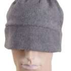 Mannequin wearing a gray fleece beanie pulled down over its eyes.