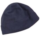 A plain dark blue fleece beanie hat on a white background.