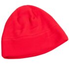 Bright red fleece beanie hat on a white background.